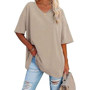 Larmliss Women's Oversized T Shirts V Neck Striped Tees Summer Half Sleeve Casual Comfy Cozy Cotton Tunic Tops Plus Size 2024