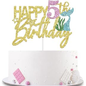 حورية البحر سعيد عيد ميلاد الخامس كعكة توبر، الذهب بريق حورية البحر خمسة كعكة الديكور المحيط موضوع لفتاة 5 سنوات من العمر حفلة عيد ميلاد كعكة ديكور in Kuwait