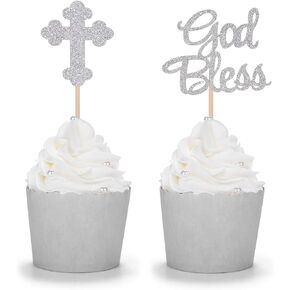 24 Counts Sparkly God Bless and Baptism Cupcake Toppers Christian Party Decorations