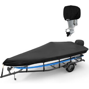 900D Boat Cover 17-19ft with Motor Cover, Trailerable Boat Covers Waterproof for Bass Boat, V-Hull Tri-Hull Boats and Runabout, UV Resistant Marine Canvas Windproof with Straps