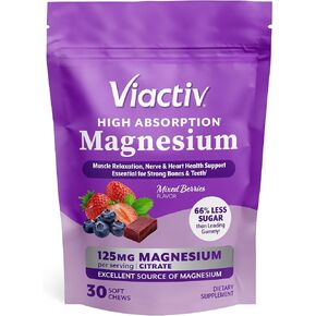 Viactiv Magnesium Chews, High Absorption Magnesium Citrate, Mixed Berries Flavor with Less Sugar Than Leading Magnesium Gummies, 30ct, 1pc Serving