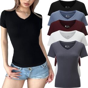 Vomidia 5pcs Women's Ribbed Short Sleeve Slim Fit T Shirt V Neck Bodycon Crop Tunics Going Out Tops