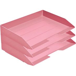 Acrimet Stackable Letter Tray 3 Tier Side Load Plastic Desktop File Organizer (Solid Pink Color)