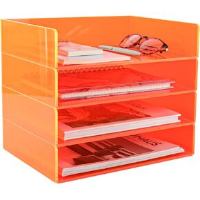 Acrylic File Organizer for Desk 4 Tiered Stackable Letter Tray Office Paper Storage Desktop Document Sorter, Neon Pink