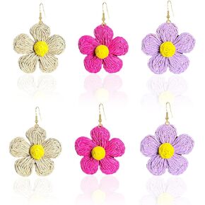 Just Follow 3 Pairs Flower Rattan Earrings Lightweight Geometric Tassel Woven Bohemian Earrings Handmade Straw Wicker Braid Hoop Drop Dangle Earrings For Women Girls
