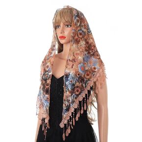 Triangle Lace Veil Mantilla Catholic Church Veils Infinity Chapel Veil Head Covering Latin Mass (Khaki)