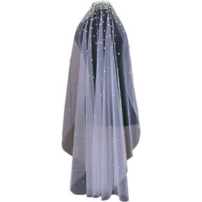 Women Bridal Veil Pearl Fingertip&Cathedral Length Wedding Veil with Comb Lace Trim Applique 1 Layer