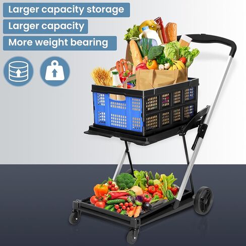 Multi-Functional Folding Trolley Shopping cart with Storage Box,Shopping Cart Folding Utility Trolley with 360° Rolling Swivel Wheels,Outdoor Storage Cart Wagon Truck for Laundry Sports Parking Brake in Kuwait