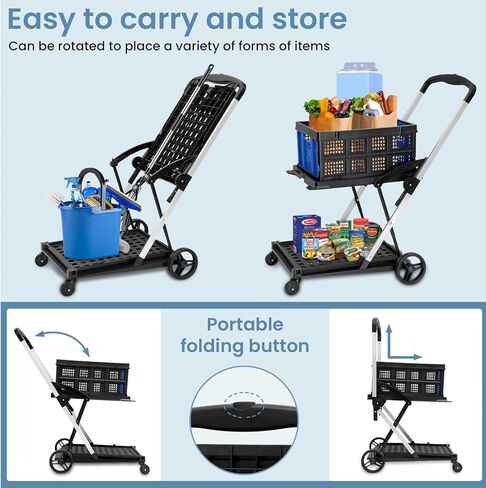 Multi-Functional Folding Trolley Shopping cart with Storage Box,Shopping Cart Folding Utility Trolley with 360° Rolling Swivel Wheels,Outdoor Storage Cart Wagon Truck for Laundry Sports Parking Brake in Kuwait