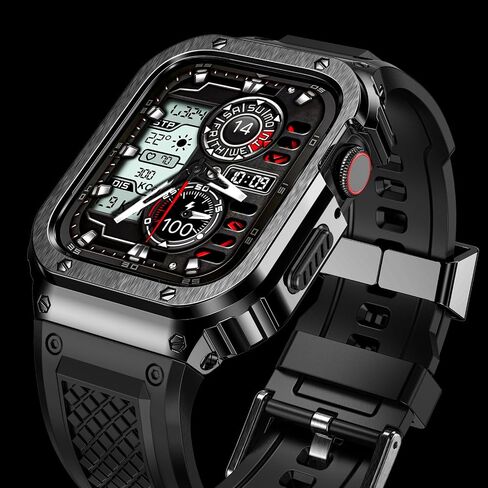 Band with Stainless Steel Case Compatible with Apple Watch Series 9 8 7 45mm Band, iwatch Bands Rugged Metal Protective Cover for Men (Black) in Saudi Arabia