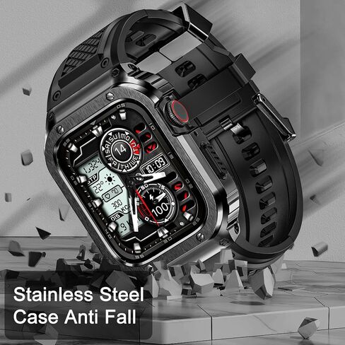 Band with Stainless Steel Case Compatible with Apple Watch Series 9 8 7 45mm Band, iwatch Bands Rugged Metal Protective Cover for Men (Black) in Saudi Arabia