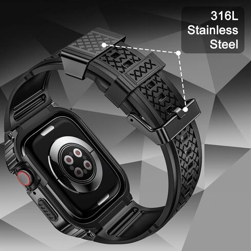 Band with Stainless Steel Case Compatible with Apple Watch Series 9 8 7 45mm Band, iwatch Bands Rugged Metal Protective Cover for Men (Black) in Saudi Arabia
