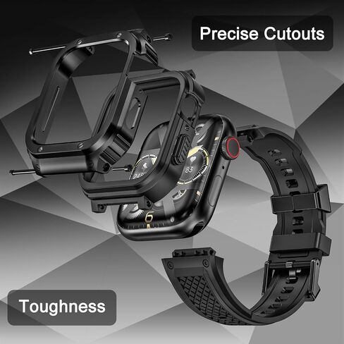 Band with Stainless Steel Case Compatible with Apple Watch Series 9 8 7 45mm Band, iwatch Bands Rugged Metal Protective Cover for Men (Black) in Saudi Arabia