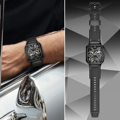 Band with Stainless Steel Case Compatible with Apple Watch Series 9 8 7 45mm Band, iwatch Bands Rugged Metal Protective Cover for Men (Black) in Saudi Arabia