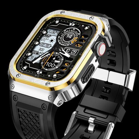 Band with Stainless Steel Case Compatible with Apple Watch Series 9 8 7 45mm Band, iwatch Bands Rugged Metal Protective Cover for Men (Black) in Saudi Arabia