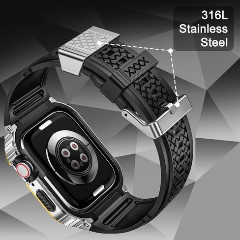 Band with Stainless Steel Case Compatible with Apple Watch Series 9 8 7 45mm Band, iwatch Bands Rugged Metal Protective Cover for Men (Black) in Saudi Arabia