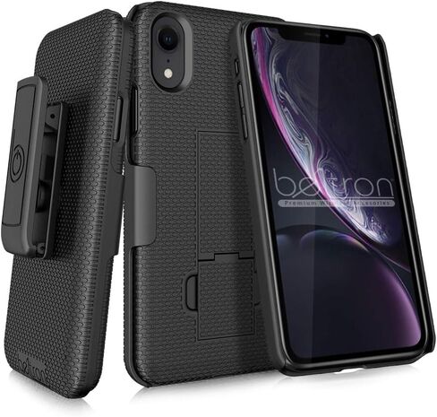 حافظة BELTRON مع مشبك حزام لهاتف iPhone XR، حافظة منزلقة بمشبك حزام واقٍ نحيف (مجموعة الهيكل/الحافظة) مع مسند مدمج - (أسود) in Kuwait