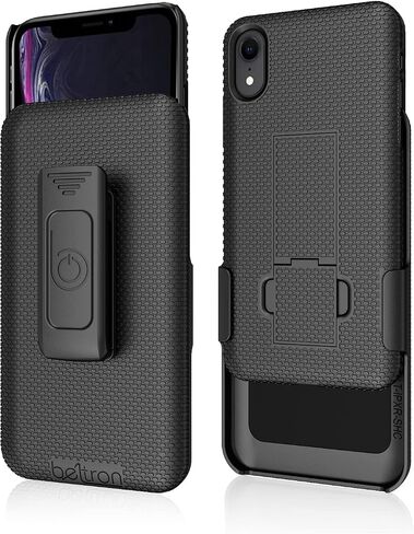 حافظة BELTRON مع مشبك حزام لهاتف iPhone XR، حافظة منزلقة بمشبك حزام واقٍ نحيف (مجموعة الهيكل/الحافظة) مع مسند مدمج - (أسود) in Kuwait