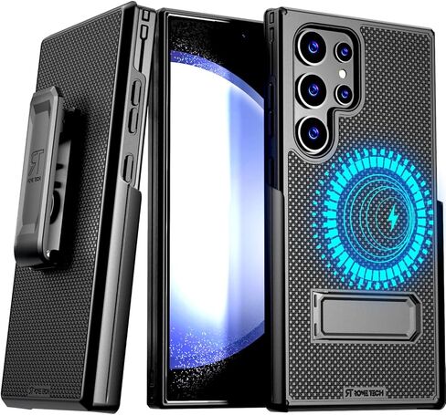 حافظة بمشبك حزام Rome Tech لهاتف Samsung Galaxy S24 Ultra (2024) متوافقة مع MagSafe غطاء هاتف منزلق مغناطيسي شديد التحمل مع مسند لهاتف Galaxy S24 Ultra - أسود in Kuwait