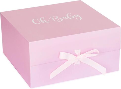 Oh Baby Shower Box with Ribbon & Magnetic Closure - Doubles as Baby Keepsake Boxes with Lids - 12 x 12 x 6 in. Light Pink or Blue Baby Boxes for Baby Shower with 'Oh Baby' in White MJ Green Events in Saudi Arabia