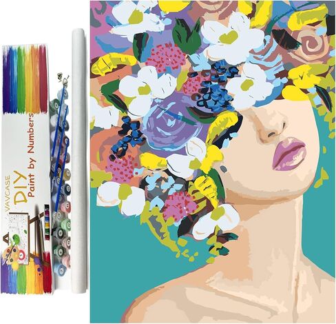طلاء VAVCASE بالأرقام مع صندوق هدايا، 16 بوصة عرض × 20 لتر رسم قماشي، فرش طلاء، صبغة أكريليك (زهرة) in Saudi Arabia