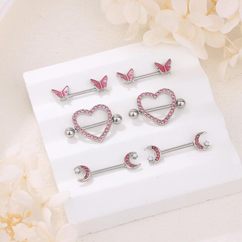 حلقات للحلمات من الفولاذ الجراحية الصلب 14 جرام الحلمة ثقب المجوهرات للنساء مع قلب لطيف فراشة القمر الحلمة ثقب in Kuwait