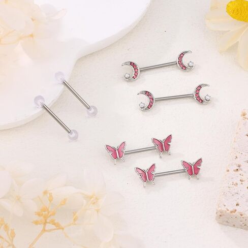 حلقات للحلمات من الفولاذ الجراحية الصلب 14 جرام الحلمة ثقب المجوهرات للنساء مع قلب لطيف فراشة القمر الحلمة ثقب in Kuwait