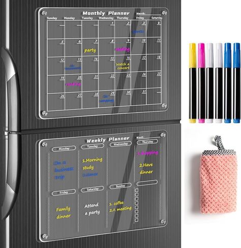 تقويم أكريليك للثلاجة - قطعتان شهريًا وأسبوعيًا من لوح المسح الجاف والسميك المغناطيسي القوي للثلاجة، تتضمن السبورة البيضاء 6 علامات قابلة للمسح مع 4 ألوان (15.8 * 11.8 بوصة) in Kuwait