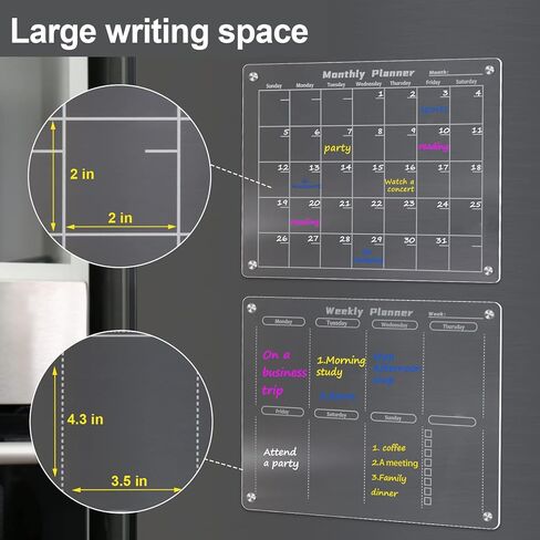 تقويم أكريليك للثلاجة - قطعتان شهريًا وأسبوعيًا من لوح المسح الجاف والسميك المغناطيسي القوي للثلاجة، تتضمن السبورة البيضاء 6 علامات قابلة للمسح مع 4 ألوان (15.8 * 11.8 بوصة) in Kuwait