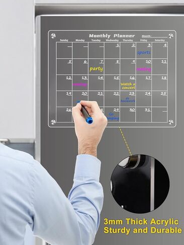 تقويم أكريليك للثلاجة - قطعتان شهريًا وأسبوعيًا من لوح المسح الجاف والسميك المغناطيسي القوي للثلاجة، تتضمن السبورة البيضاء 6 علامات قابلة للمسح مع 4 ألوان (15.8 * 11.8 بوصة) in Kuwait