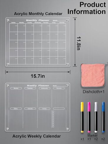 تقويم أكريليك للثلاجة - قطعتان شهريًا وأسبوعيًا من لوح المسح الجاف والسميك المغناطيسي القوي للثلاجة، تتضمن السبورة البيضاء 6 علامات قابلة للمسح مع 4 ألوان (15.8 * 11.8 بوصة) in Kuwait