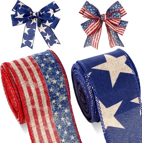 2 Rolls 20 Yard Patriotic Day Ribbon Stars and Stripes Vintage Wired Ribbon Red White Blue American Flag Ribbon for Wreath Labor Day DIY Craft Party Decor in Saudi Arabia