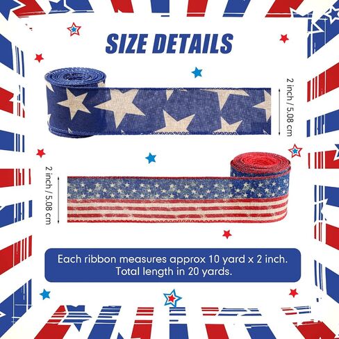 2 Rolls 20 Yard Patriotic Day Ribbon Stars and Stripes Vintage Wired Ribbon Red White Blue American Flag Ribbon for Wreath Labor Day DIY Craft Party Decor in Saudi Arabia