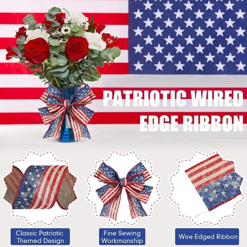 2 Rolls 20 Yard Patriotic Day Ribbon Stars and Stripes Vintage Wired Ribbon Red White Blue American Flag Ribbon for Wreath Labor Day DIY Craft Party Decor in Saudi Arabia