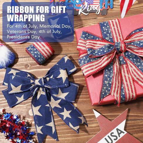 2 Rolls 20 Yard Patriotic Day Ribbon Stars and Stripes Vintage Wired Ribbon Red White Blue American Flag Ribbon for Wreath Labor Day DIY Craft Party Decor in Saudi Arabia