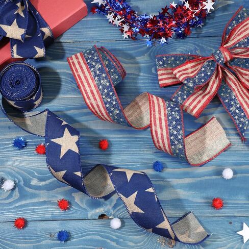 2 Rolls 20 Yard Patriotic Day Ribbon Stars and Stripes Vintage Wired Ribbon Red White Blue American Flag Ribbon for Wreath Labor Day DIY Craft Party Decor in Saudi Arabia