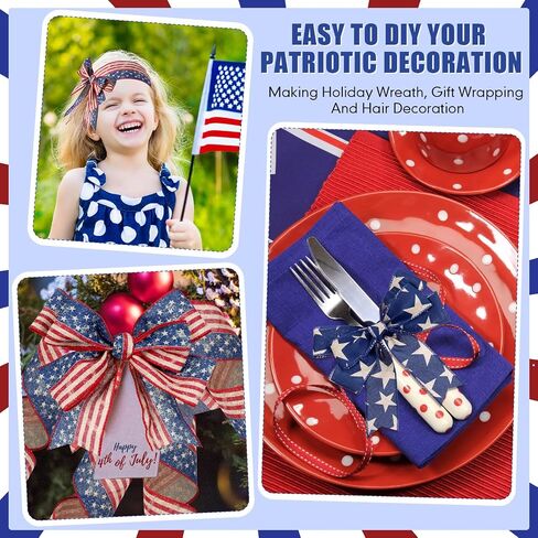 2 Rolls 20 Yard Patriotic Day Ribbon Stars and Stripes Vintage Wired Ribbon Red White Blue American Flag Ribbon for Wreath Labor Day DIY Craft Party Decor in Saudi Arabia