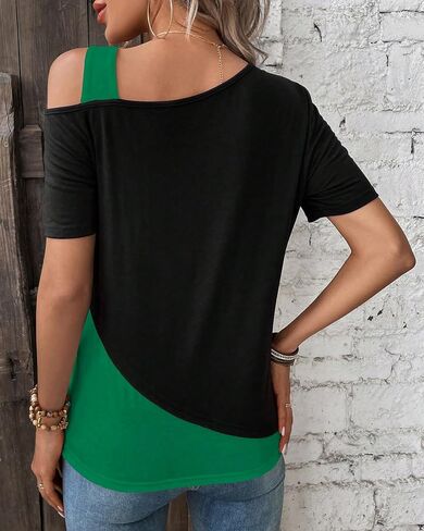 ZASFOU Womens Tops Asymmetrical Cold Shoulder Short Sleeve Blouses Summer Casual Loose Fit Tunics T Shirts for Women 2024 in Saudi Arabia