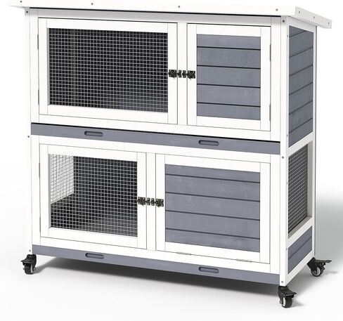 YITAHOME Outdoor Rabbit Hutch Bunny Cage on Wheels 2-Story Indoor Outdoor Wooden Bunny Hutch with No Leakage Pull Out Tray, Weatherproof Openable Roof, for Guinea Pig and Small Animals in Saudi Arabia