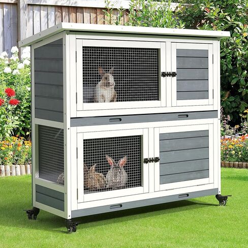 YITAHOME Outdoor Rabbit Hutch Bunny Cage on Wheels 2-Story Indoor Outdoor Wooden Bunny Hutch with No Leakage Pull Out Tray, Weatherproof Openable Roof, for Guinea Pig and Small Animals in Saudi Arabia