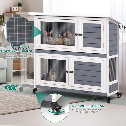 YITAHOME Outdoor Rabbit Hutch Bunny Cage on Wheels 2-Story Indoor Outdoor Wooden Bunny Hutch with No Leakage Pull Out Tray, Weatherproof Openable Roof, for Guinea Pig and Small Animals in Saudi Arabia