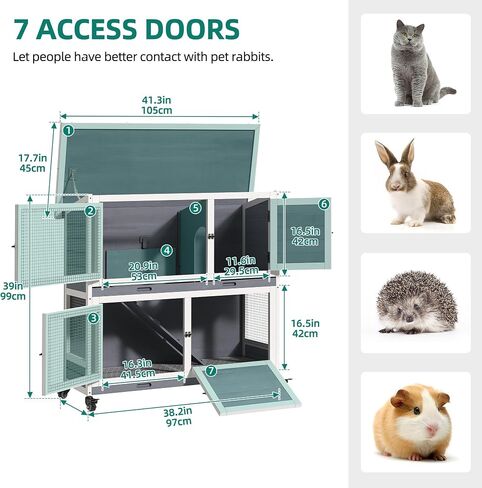 YITAHOME Outdoor Rabbit Hutch Bunny Cage on Wheels 2-Story Indoor Outdoor Wooden Bunny Hutch with No Leakage Pull Out Tray, Weatherproof Openable Roof, for Guinea Pig and Small Animals in Saudi Arabia