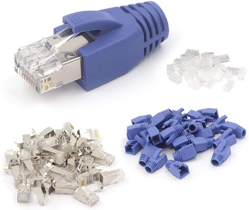موصلات VCE RJ45 CAT7/CAT6A 30 حزمة، مقابس معيارية محمية غير قابلة للتمرير للكابل السميك، أطراف إيثرنت مطلية بالذهب 3 شقوق 50u مع أحذية تخفيف الضغط - أزرق in Kuwait