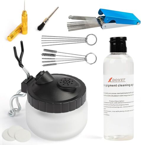 XDOVET Airbrush 13 Piece Airbrush Cleaning Kit with 120ml/4oz Cleaner-Airbrush Clean Pot Glass Cleaning Jar with Holder, 5pc Cleaning Needles, 5pc Cleaning Brushes, 1 Wash Needle, Mini Brush Head in Kuwait