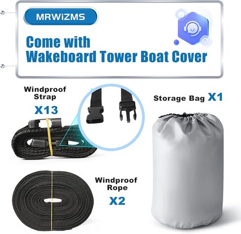 غطاء قارب برج واكيبورد، عالي التحمل مقاوم للماء بنسبة 100% فوق غطاء البرج لقارب بطولة الصيد بهيكل على شكل حرف V مع غطاء قارب برج واكيبورد للتزلج (23'-25'L، حتى 116'W، رمادي) in Kuwait