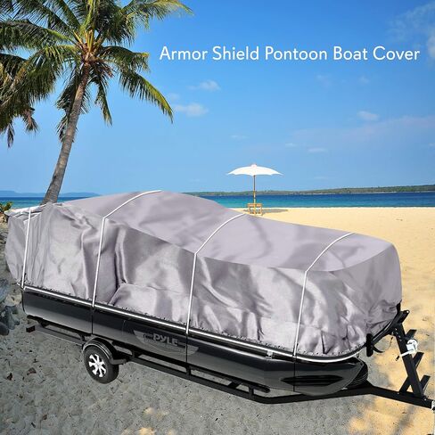 Pyle Universal Boat Adjustable Storage Cover - 17'-20'L to 96" Pontoon Boats Protection Custom Heavy Duty Waterproof Polyester Fabric, Snap Strap, Elastic Cord, Bag in Saudi Arabia