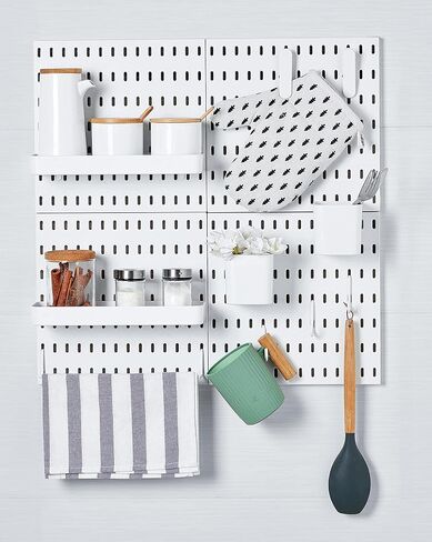 مجموعة منظم الحائط Socalsunny Pegboard 4 لوحات 14 قطعة من الملحقات مجموعة من ألواح التعليق المعلقة على الحائط للمكتب المنزلي | أوتاد بيضاء للتعليق مقاس 55.88 سم × 55.88 سم in Saudi Arabia