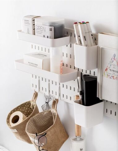 مجموعة منظم الحائط Socalsunny Pegboard 4 لوحات 14 قطعة من الملحقات مجموعة من ألواح التعليق المعلقة على الحائط للمكتب المنزلي | أوتاد بيضاء للتعليق مقاس 55.88 سم × 55.88 سم in Saudi Arabia