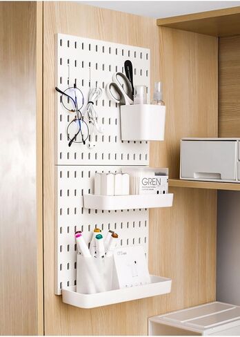 مجموعة منظم الحائط Socalsunny Pegboard 4 لوحات 14 قطعة من الملحقات مجموعة من ألواح التعليق المعلقة على الحائط للمكتب المنزلي | أوتاد بيضاء للتعليق مقاس 55.88 سم × 55.88 سم in Saudi Arabia