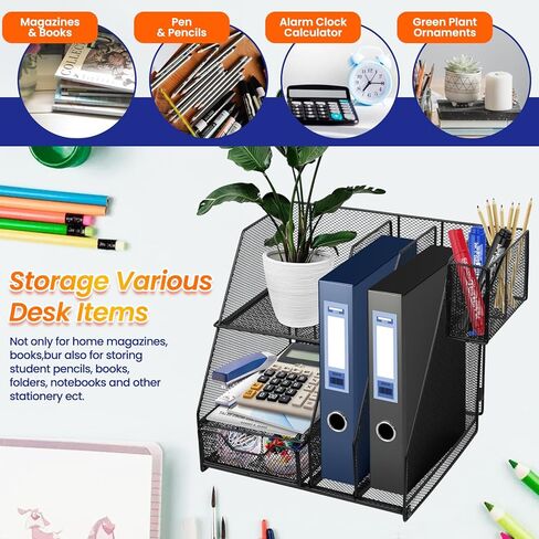 منظم مكتب مع حامل ملفات، منظم صينية رسائل ورقية من 3 طبقات مع درج منزلق وحامل أقلام، منظم شبكي لسطح المكتب وتخزين مع حامل مجلات للمكتب والمدرسة والمنزل، أسود in Kuwait